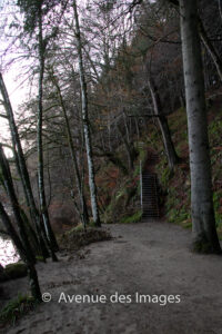 Stairs on the nature train by the river Garry