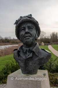 Major John Howard statue at the landing site of his glider by Pegasus Bridge