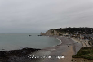 View of the Amont cliffs from the Aval cliffs across the bay in Etretat Normandy France