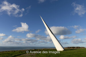 Monument to pilots of the failed trans Atlantic flight in bright sun at Etretat